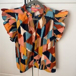 THML Multicolor Abstract Ruffle Sleeve Top